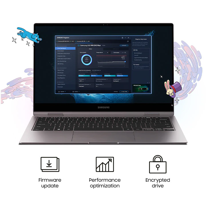 Opakowanie dysku Samsung 990 EVO PLUS 4TB stojące przodem na białym tle, ze stojącym dyskiem SSD obok i czarnym prostokątem z napisem Samsung leżącym przed nimi